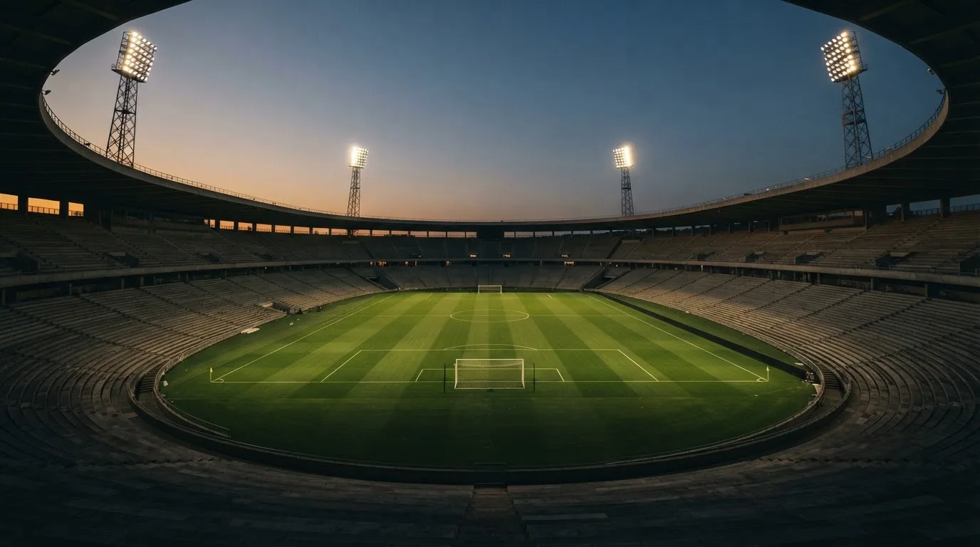 Een leeg voetbalstadion met lichtmasten bij schemering