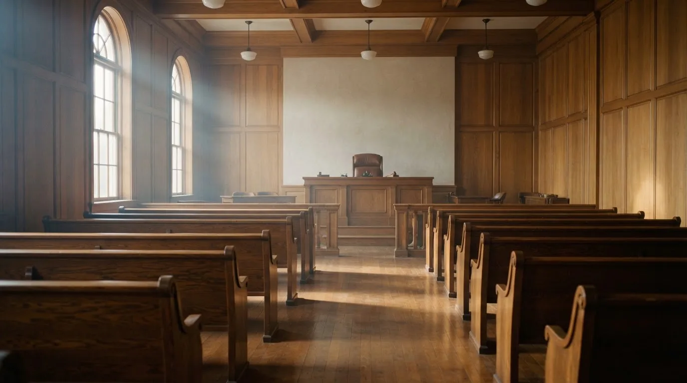 Een lege rechtszaal met houten banken in het ochtendlicht