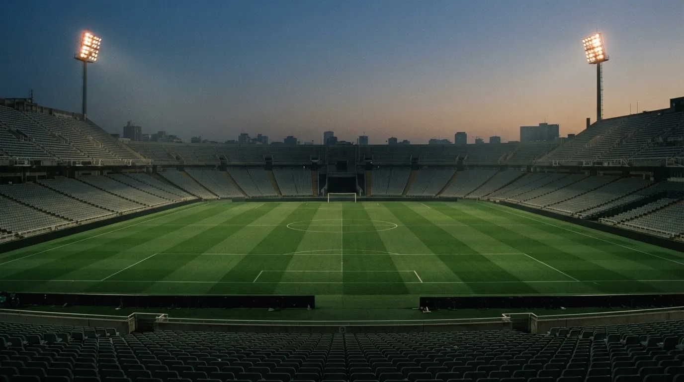 Een leeg voetbalstadion met lichtmasten bij schemering