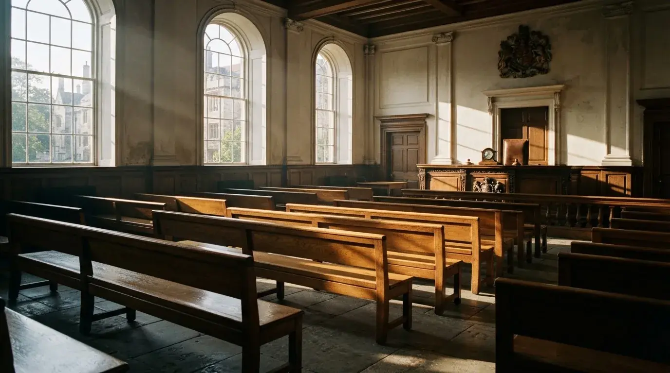 Een lege rechtszaal met houten banken in het ochtendlicht