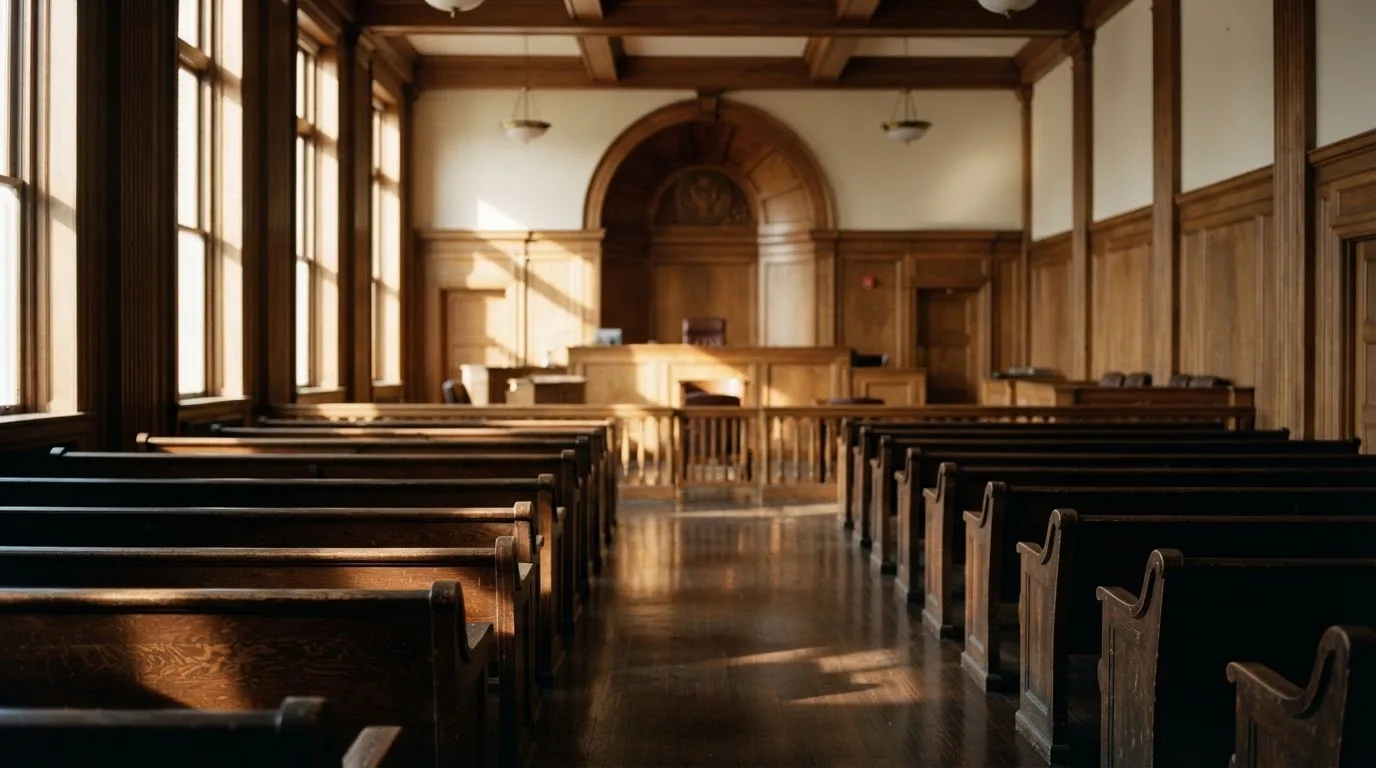 Een lege rechtszaal met houten banken in het ochtendlicht