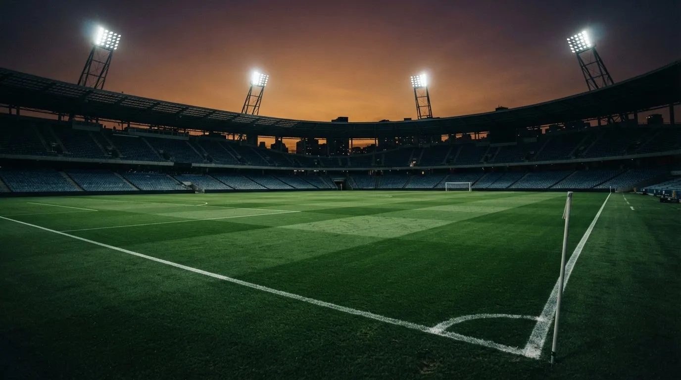 Een leeg voetbalstadion met lichtmasten bij schemering