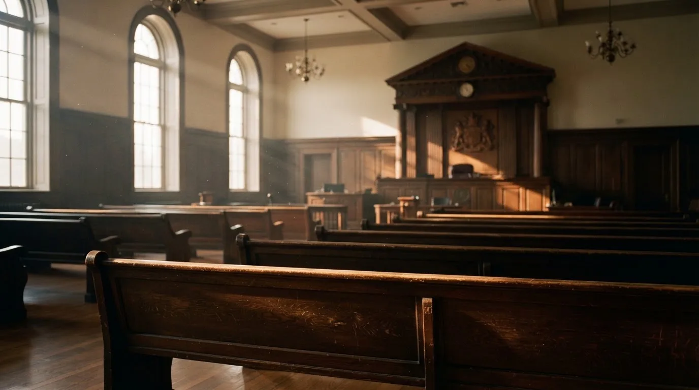 Een lege rechtszaal met houten banken in het ochtendlicht