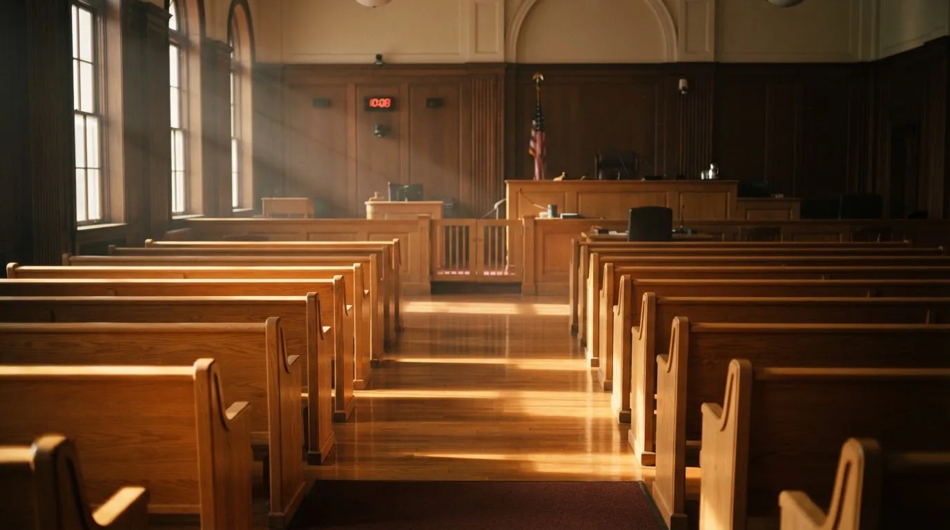 Een lege rechtszaal met houten banken in het ochtendlicht