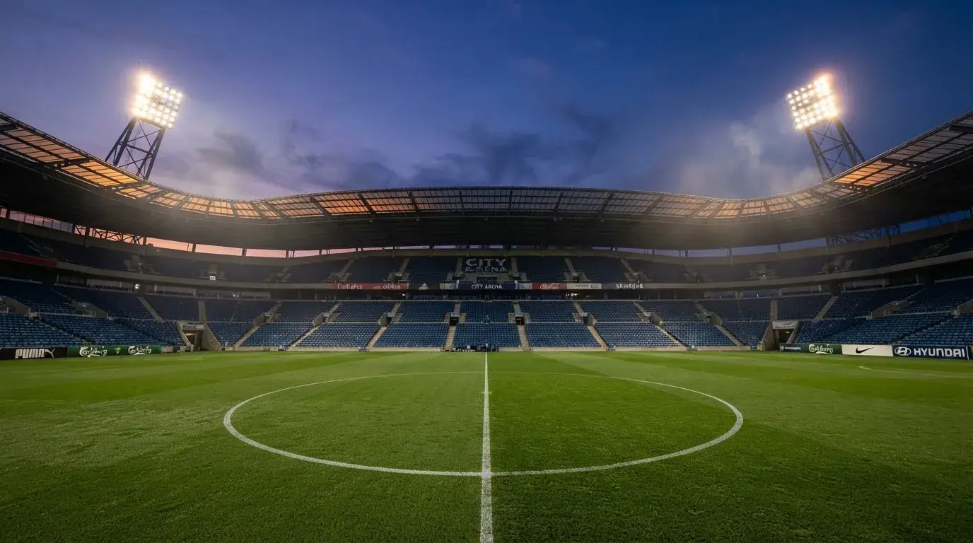 Een leeg voetbalstadion met lichtmasten bij schemering