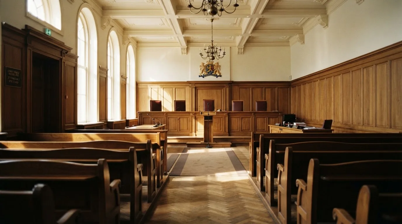 Een lege rechtszaal met houten banken in het ochtendlicht