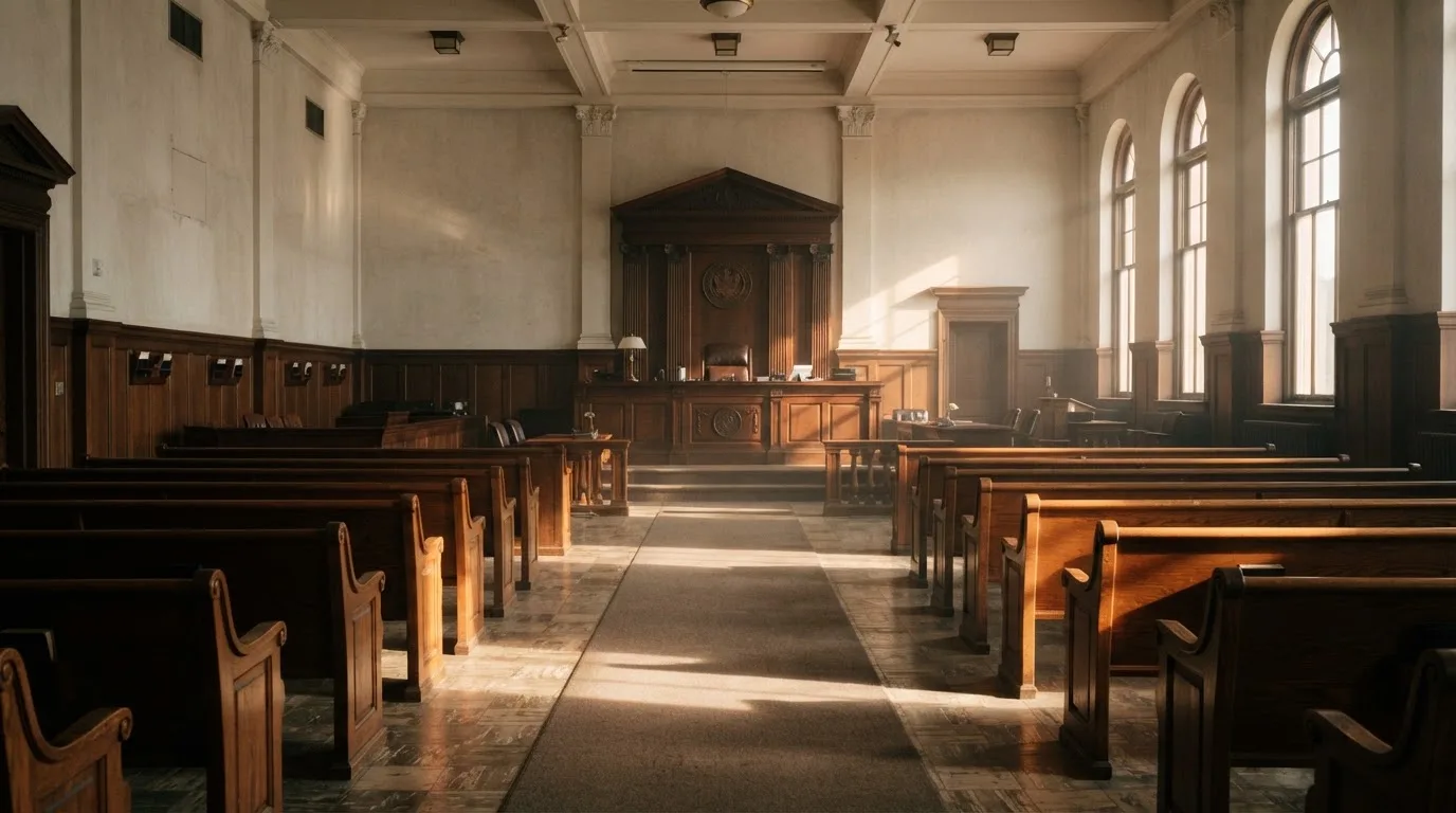 Een lege rechtszaal met houten banken in het ochtendlicht