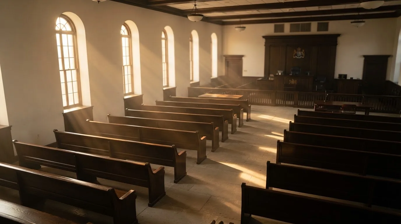 Een lege rechtszaal met houten banken in het ochtendlicht