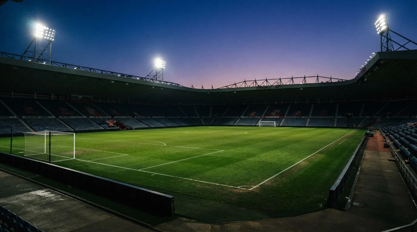 Een leeg voetbalstadion met lichtmasten bij schemering