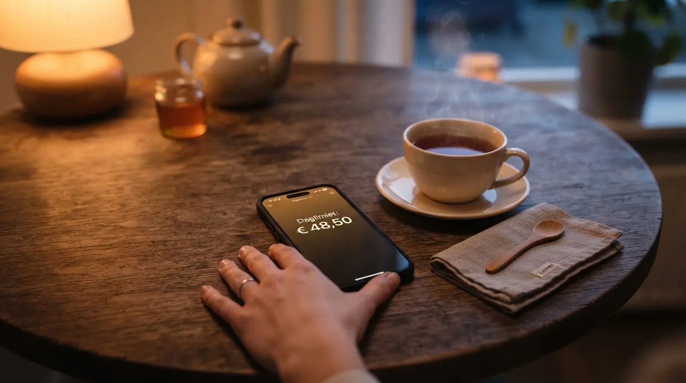Een hand legt een smartphone naast een kopje thee op een keukentafel, een rustige avond