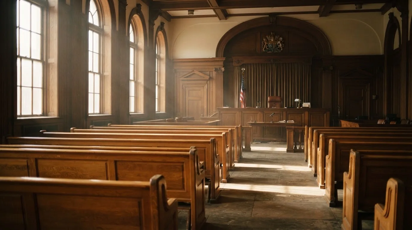 Een lege rechtszaal met houten banken in het ochtendlicht