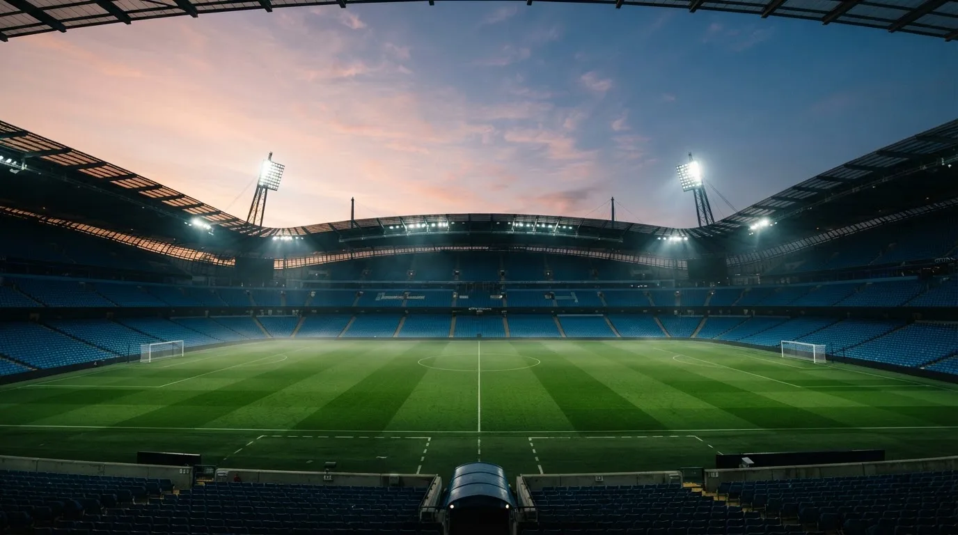 Een leeg voetbalstadion met lichtmasten bij schemering