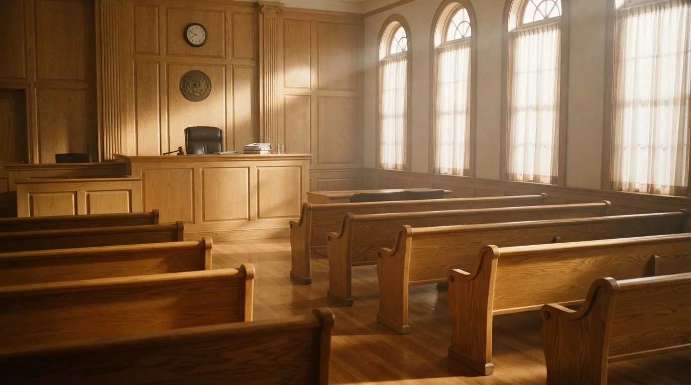 Een lege rechtszaal met houten banken in het ochtendlicht