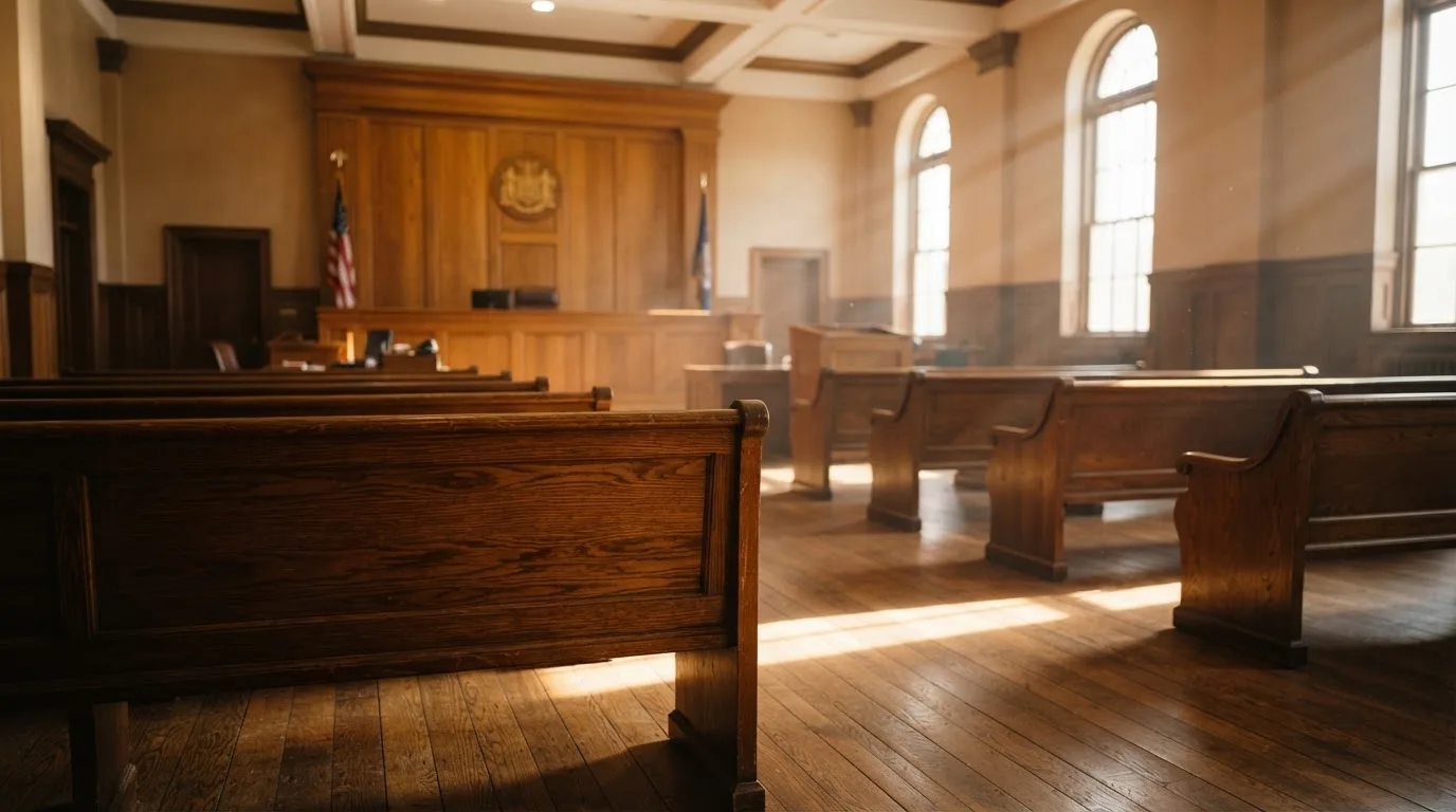 Een lege rechtszaal met houten banken in het ochtendlicht