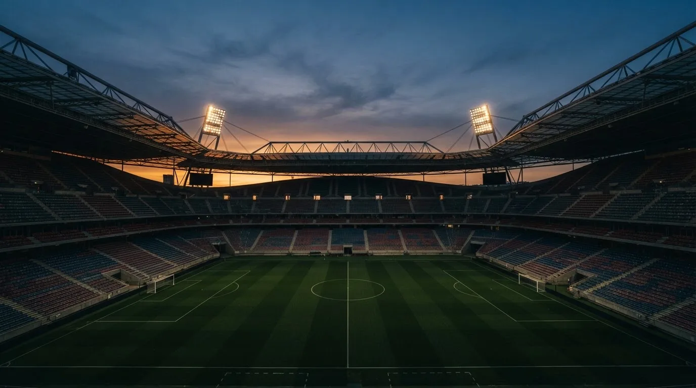 Een leeg voetbalstadion met lichtmasten bij schemering