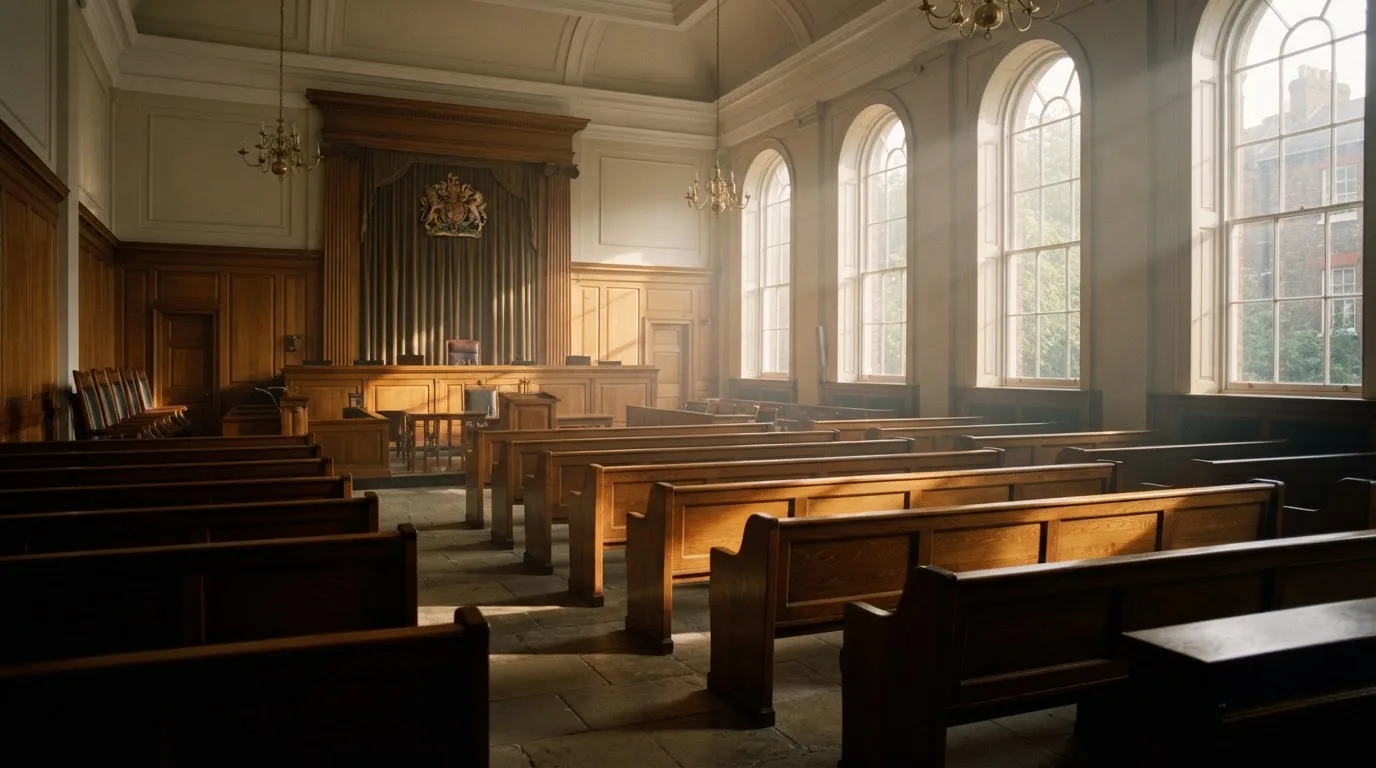 Een lege rechtszaal met houten banken in het ochtendlicht