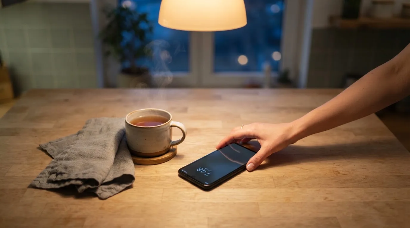 Een hand legt een smartphone naast een kopje thee op een keukentafel, een rustige avond