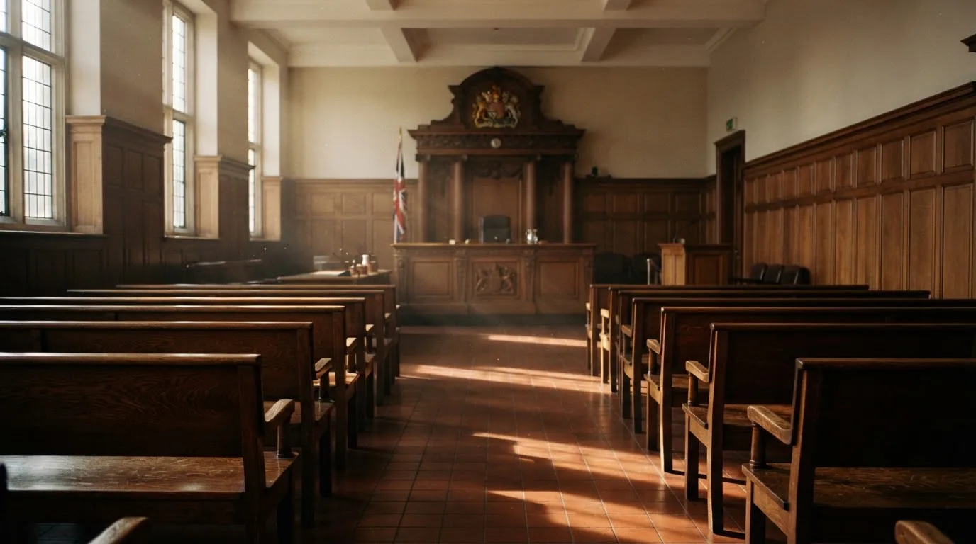Een lege rechtszaal met houten banken in het ochtendlicht