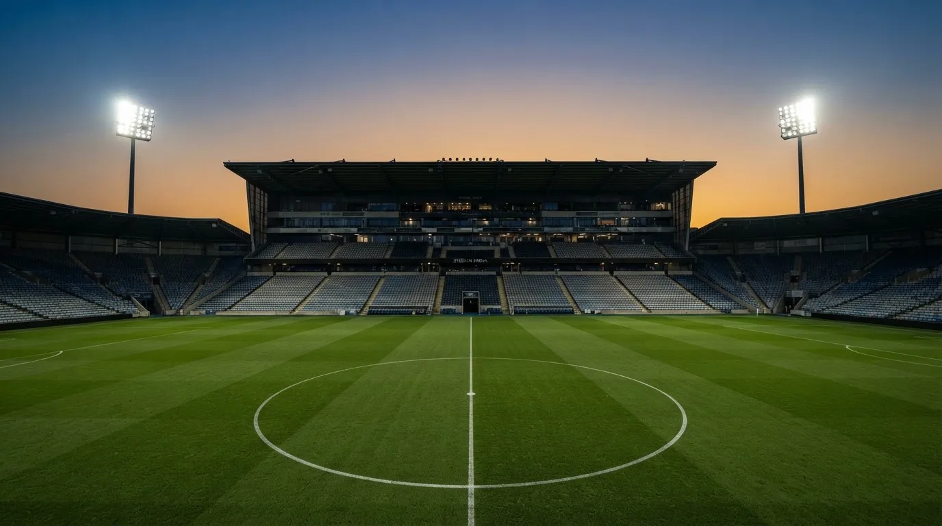 Een leeg voetbalstadion met lichtmasten bij schemering