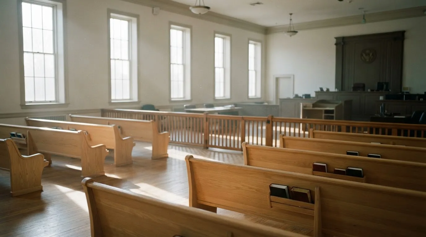 Een lege rechtszaal met houten banken in het ochtendlicht