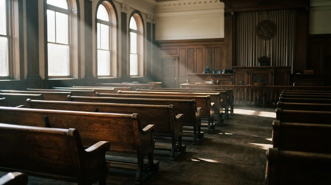 Een lege rechtszaal met houten banken in het ochtendlicht