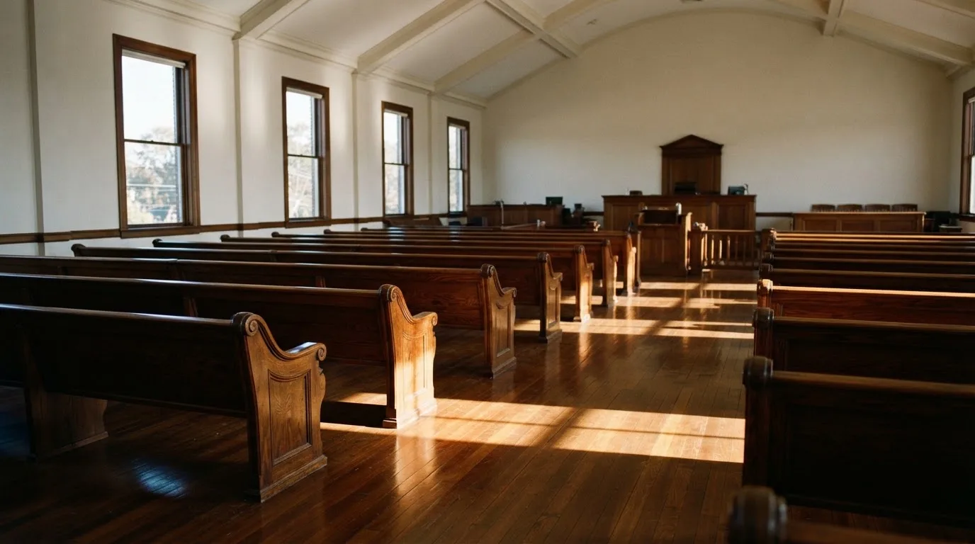 Een lege rechtszaal met houten banken in het ochtendlicht