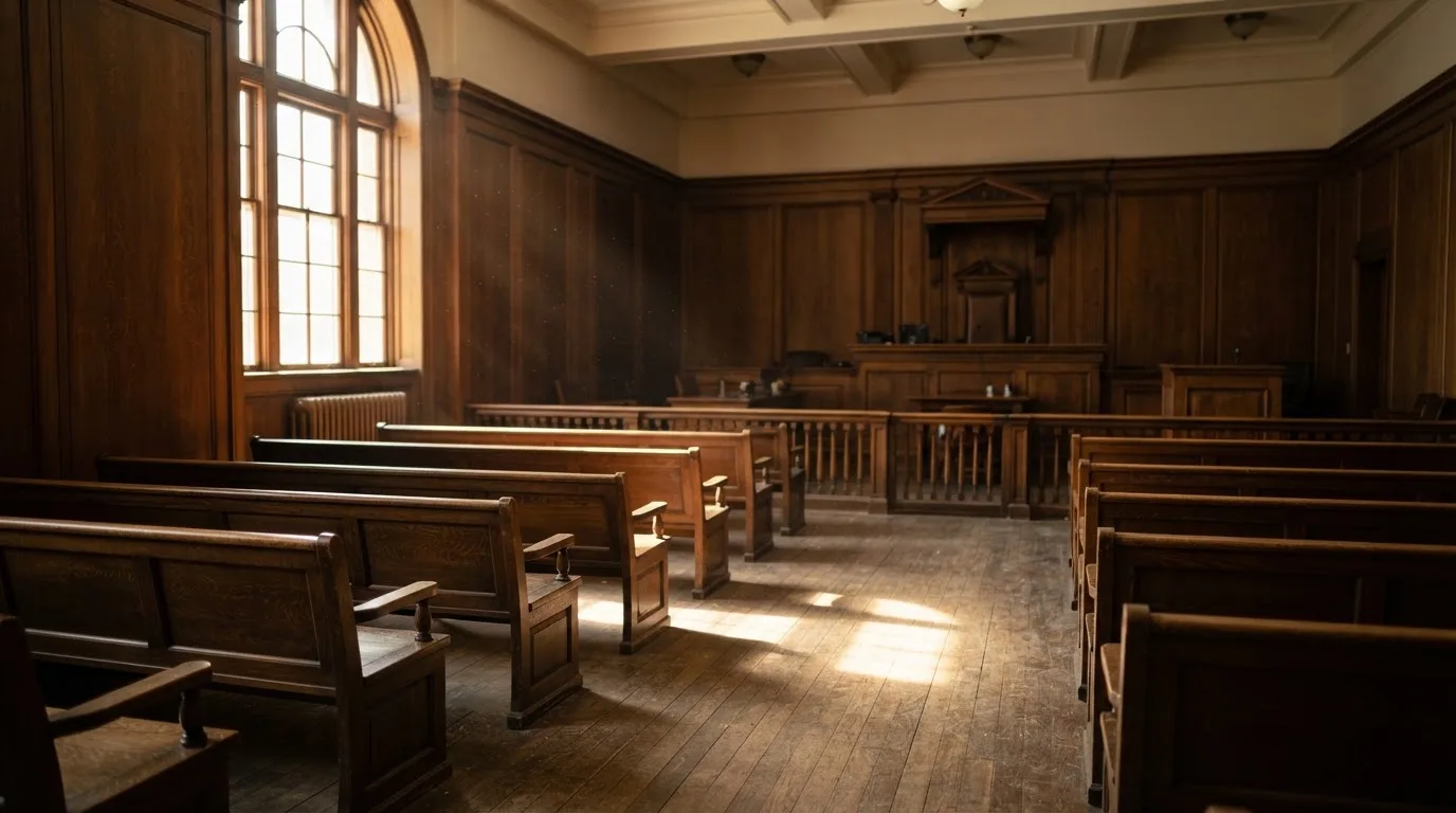 Een lege rechtszaal met houten banken in het ochtendlicht