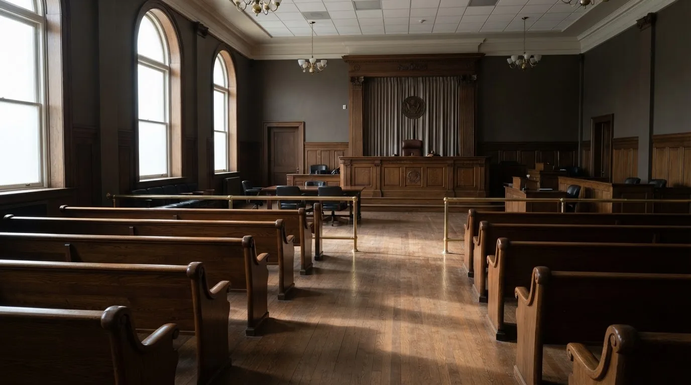 Een lege rechtszaal met houten banken in het ochtendlicht