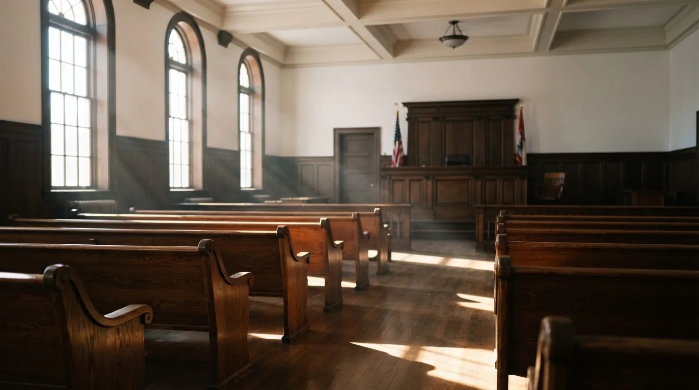 Een lege rechtszaal met houten banken in het ochtendlicht