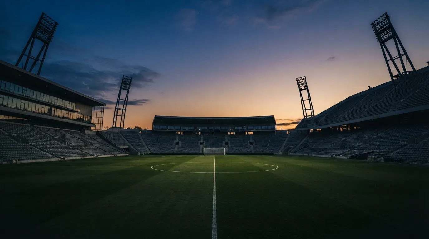 Een leeg voetbalstadion met lichtmasten bij schemering