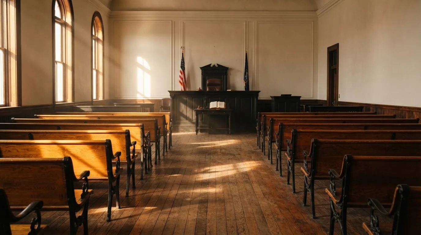Een lege rechtszaal met houten banken in het ochtendlicht