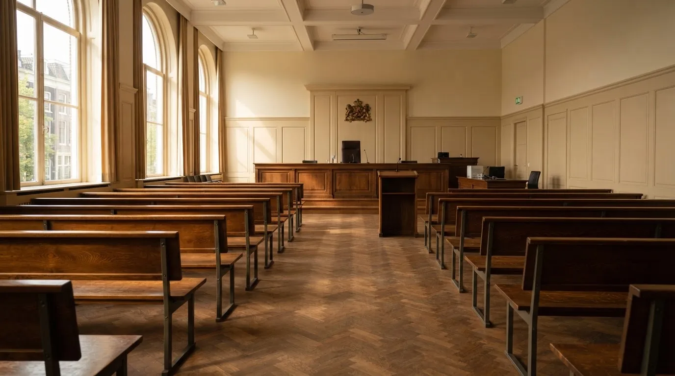 Een lege rechtszaal met houten banken in het ochtendlicht