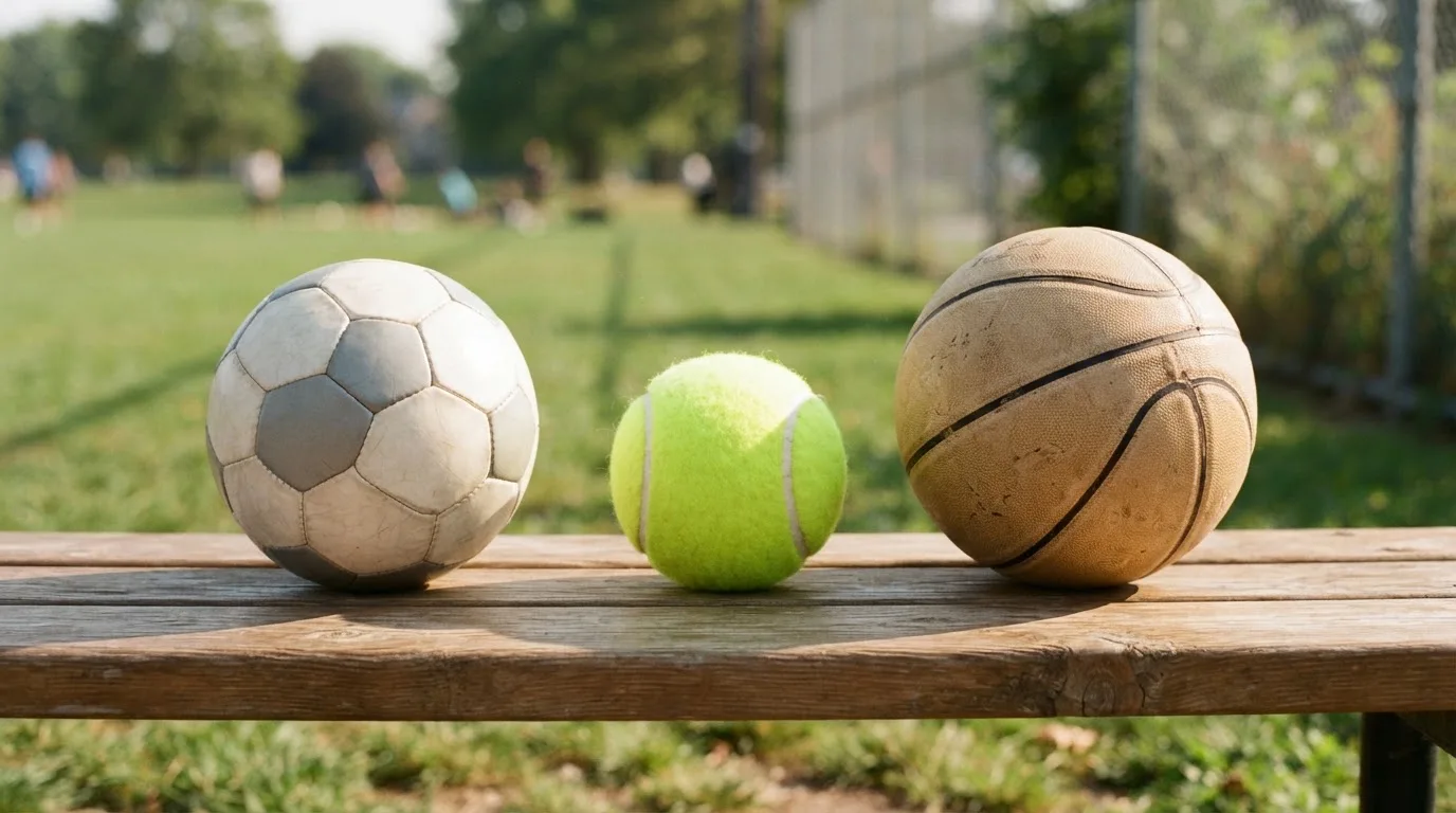 Drie ballen van verschillende soorten naast elkaar op een houten bank