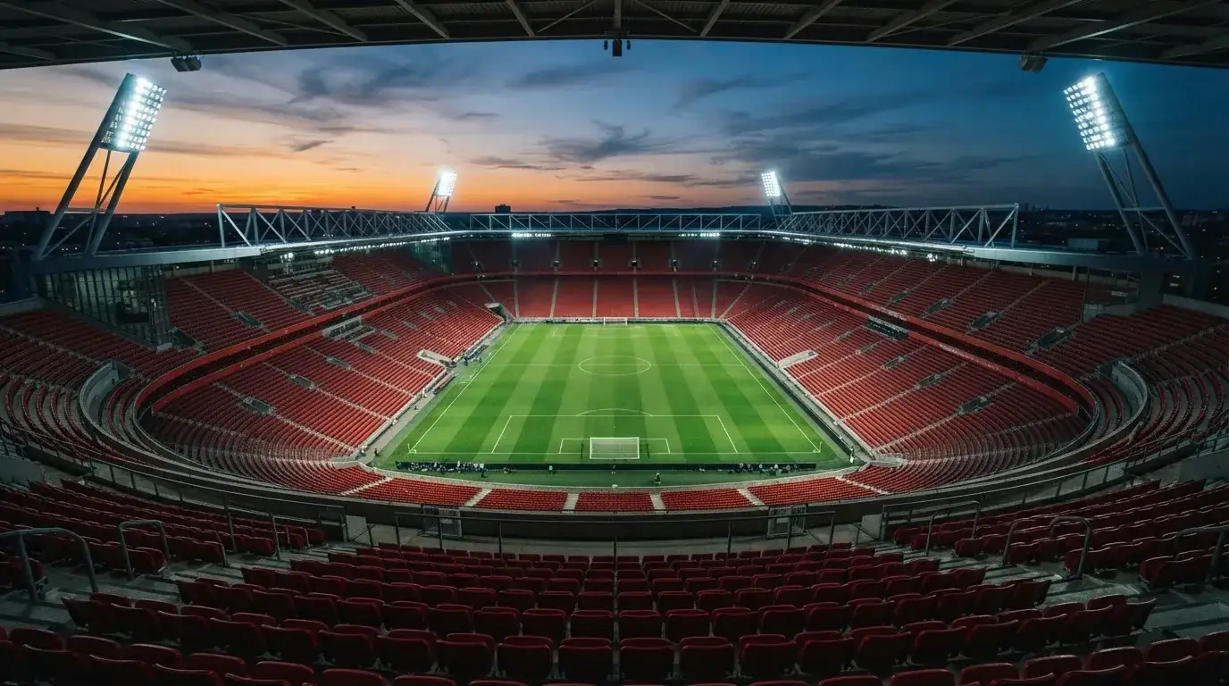 Een leeg voetbalstadion met lichtmasten bij schemering