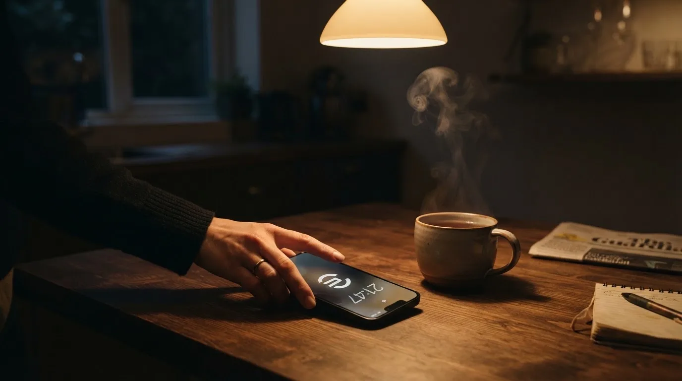 Een hand legt een smartphone naast een kopje thee op een keukentafel, een rustige avond