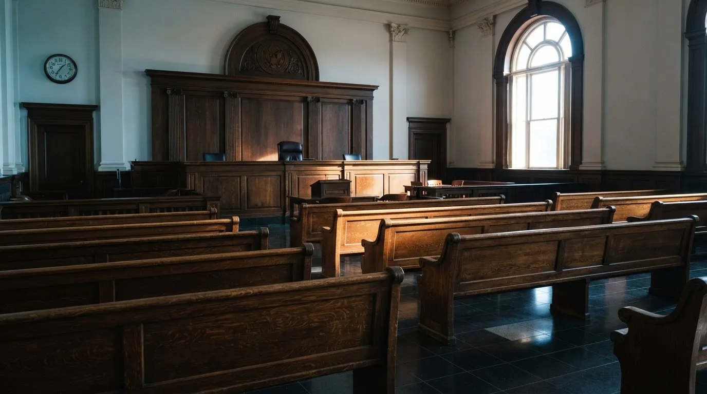 Een lege rechtszaal met houten banken in het ochtendlicht