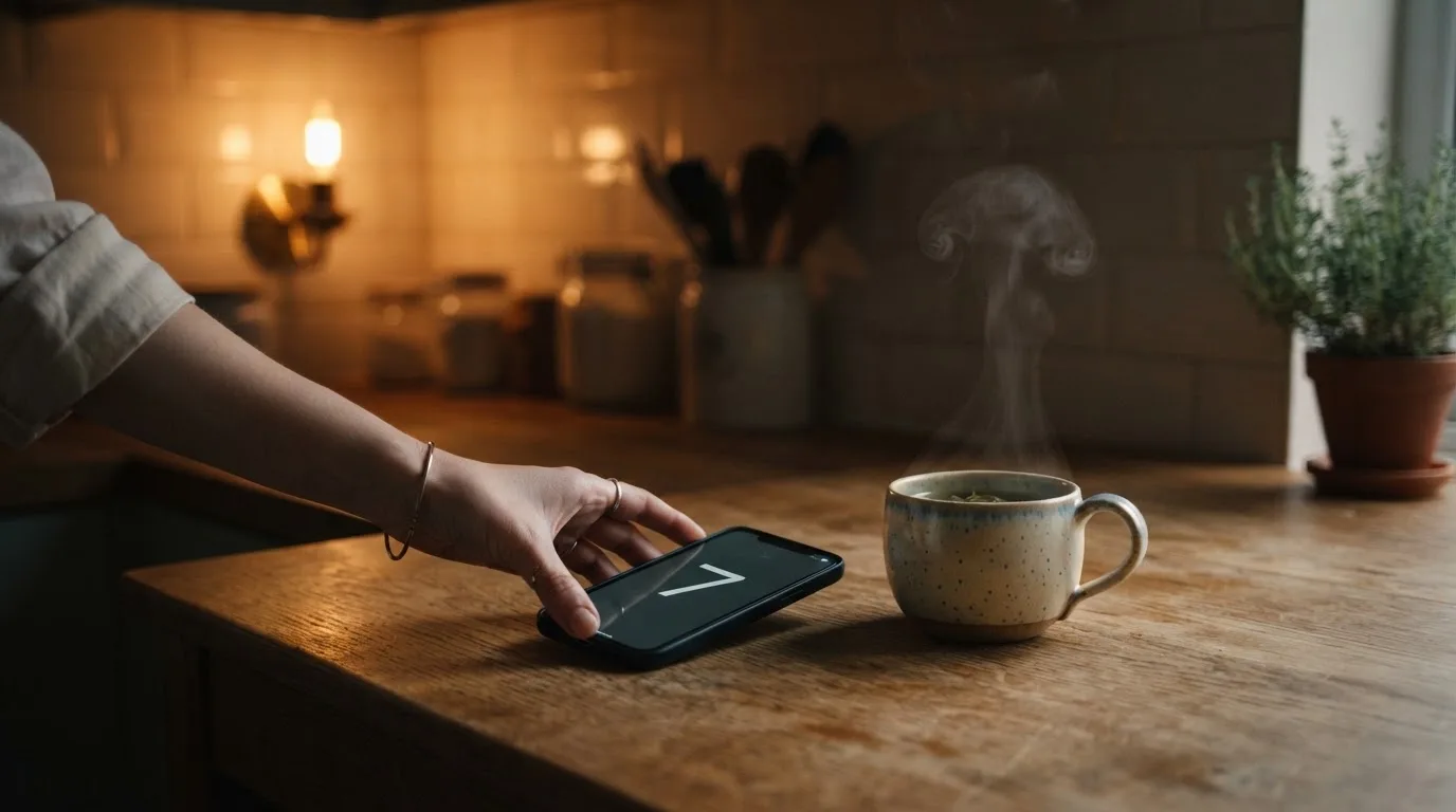 Een hand legt een smartphone naast een kopje thee op een keukentafel, een rustige avond